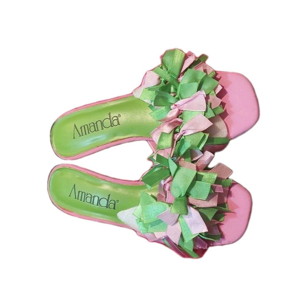 VTG 90's Amanda "Confetti" Pink & Green Fabric Mules 7 M